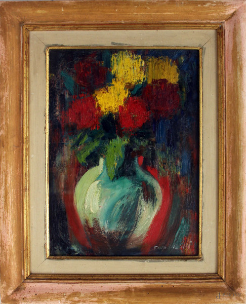 Natura morta, Vaso con fiori,olio su cartone, cm, 27,5x38,5 firmato entro cornice