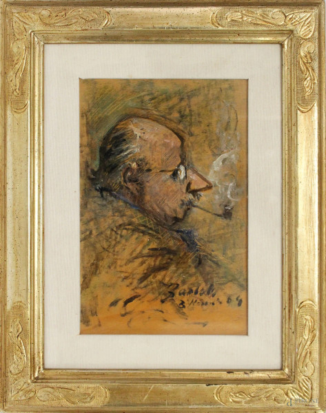 Uomo con pipa, dipinto ad olio su cartone telato, firmato e datato, cm 30 x 20, entro cornice.