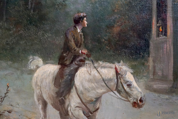 Passeggiata a cavallo, olio su tela, cm 126x87, entro cornice
