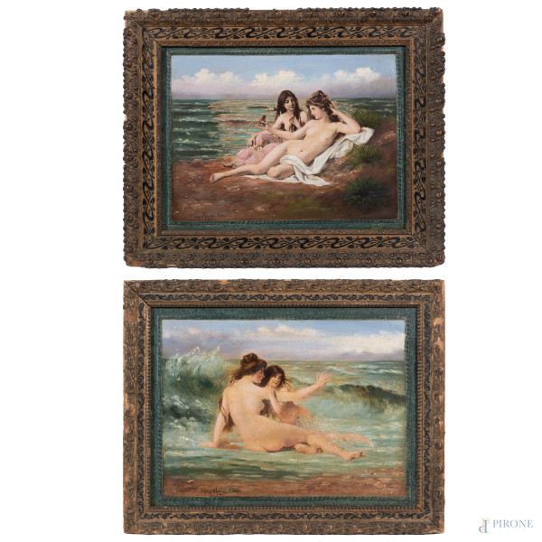 Lotto di due stampe ritoccate ad olio raffiguranti nudi femminili sulla scogliera, XX secolo, misura massima cm 26,5x36,5, firmate in basso, entro cornice, (craquelure, segni di usura)