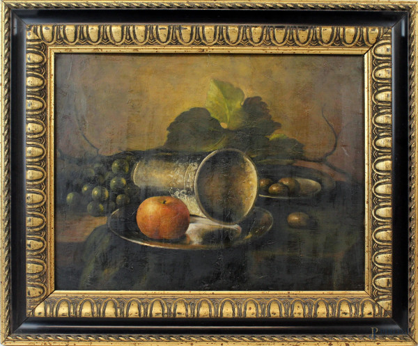 Natura morta con frutta, olio su tavola, cm 31x40,5, XIX secolo, entro cornice.