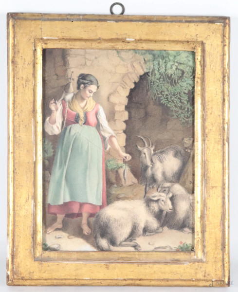 Filatrice con caprette e pecorelle, XIX-XX secolo, tecnica mista su carta applicata su cartoncino, cm 23,5x18,5, entro cornice, (segni di usura, piccola lacuna)