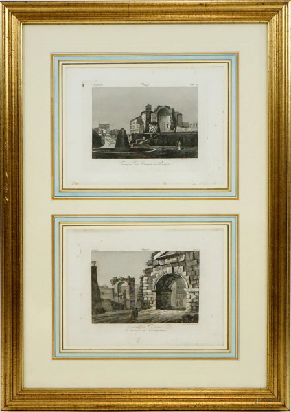 Arco di Venere e Roma ed Arco di Druso, due stampe entro un'unica cornice, ingombro totale cm 55,5,x36,5, G.B.Cavalieri disegnatore ed incisore, entro cornice.