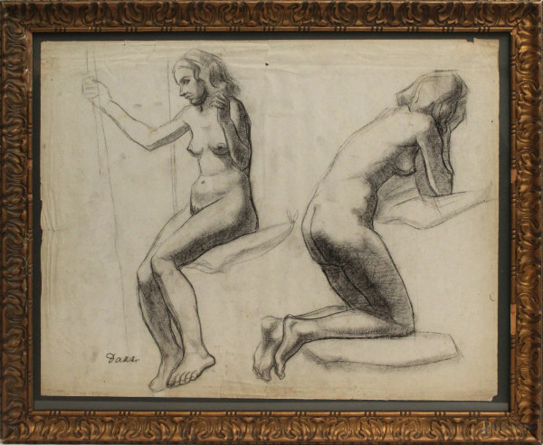 Studio di nudi di donna, carboncino su carta 55x45 cm, firmato Dazzi, entro cornice.