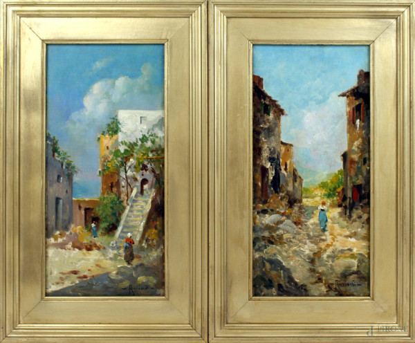 Coppia di vedute di Capri, olio su tela, cm.30x13,5 cadauno, firmati Ricciardi, entro cornici.