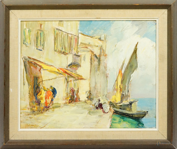 Chioggia, olio su faesite, cm 33x41, firmato Angelo Brombo, entro cornice.