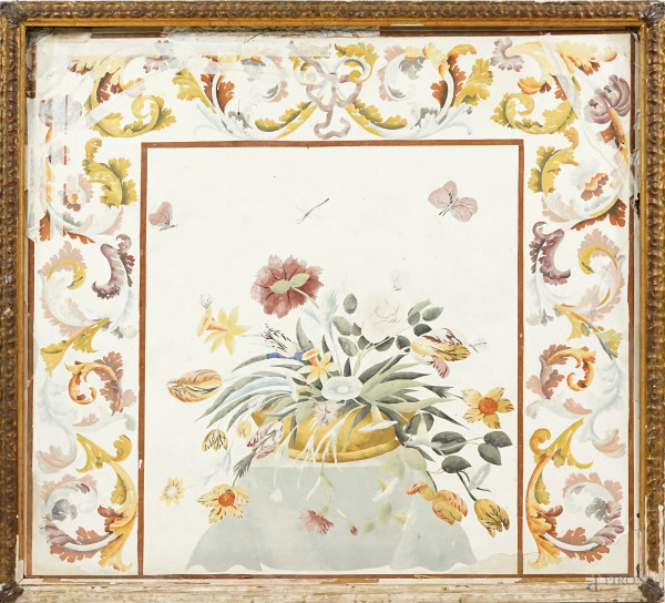 Pannello in scagliola, manifattura italiana del XVIII-XIX secolo, raffigurante Natura morta entro elegante passepartout decorato a girali e foglie d'acanto, cm 84x90, in cornice,(difetti)