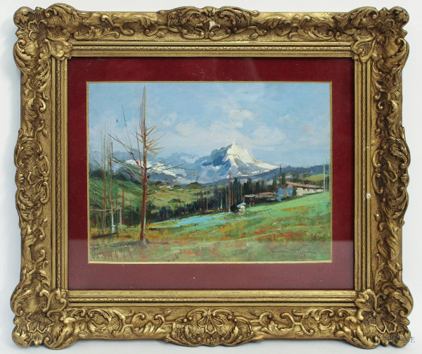 Paesaggio montano, dipinto ad olio su cartoncino, firmato Moretti, Foggia, cm 18 x 23, entro cornice.