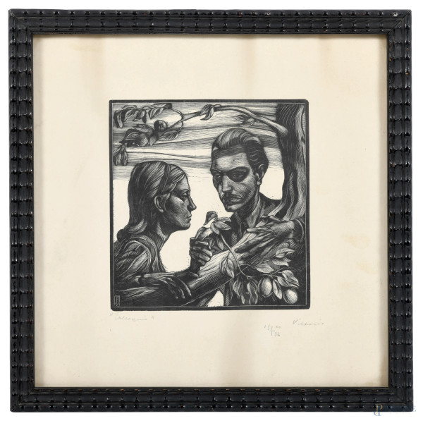 Vittorio Favini, Colloquio, xilografia, cm 28,5x28,5, firmata e datata "1936" in basso a destra e titolata in basso a sinistra, entro cornice
