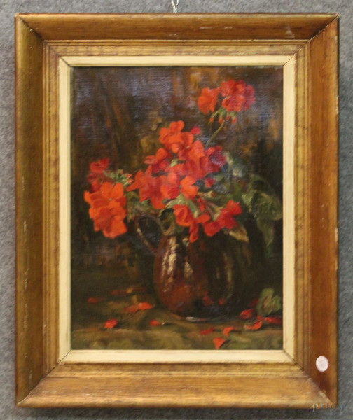 Natura morta con vaso di fiori, olio su tela 39x29 cm, entro cornice firmato.