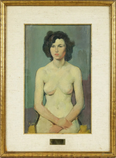 Erminio Loy - Nudo di donna, olio su cartone, cm 29,5x17, entro cornice
