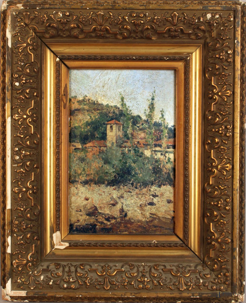 Enrico Reycend-scorcio di paese montano ,olio su tavola 25,5x16,5 cm, entro cornice.
