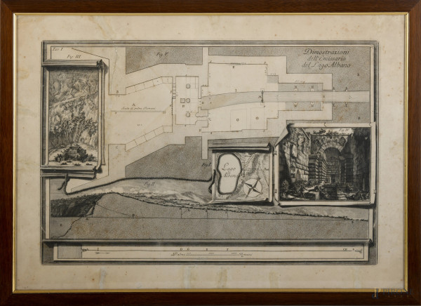 Dimostrazioni dell'Emissario di del Lago di Albano, XIX secolo, stampa a colori, cm 49,5x70, entro cornice, (difetti)