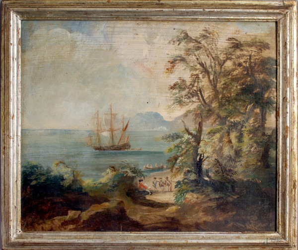 Paesaggio costiero con veliero, olio su tavola, cm. 31x37, entro cornice.
