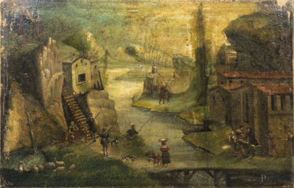 Paesaggio con figure, olio su tela, cm. 65x103, XVII secolo, (restauri).