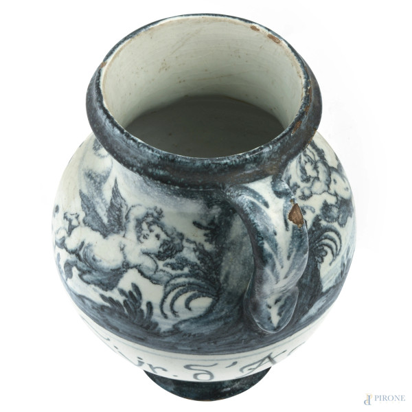 Versatoio da farmacia "Syr d'Agresto" decorato nei toni del blu, XX secolo, altezza cm 25, (difet...