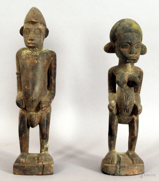 Lui e Lei, sculture in legno, arte africana, altezza max. 26 cm.