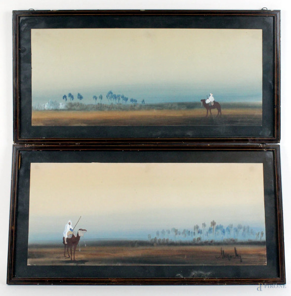 Coppia di paesaggi orientali, acquarello su carta, cm. 21,5x49, XX secolo, entro cornici.