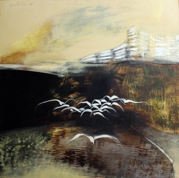 Carlo Quattrucci - Paesaggio con gabbiani, olio su tela datato 1975, cm 80 x 80.