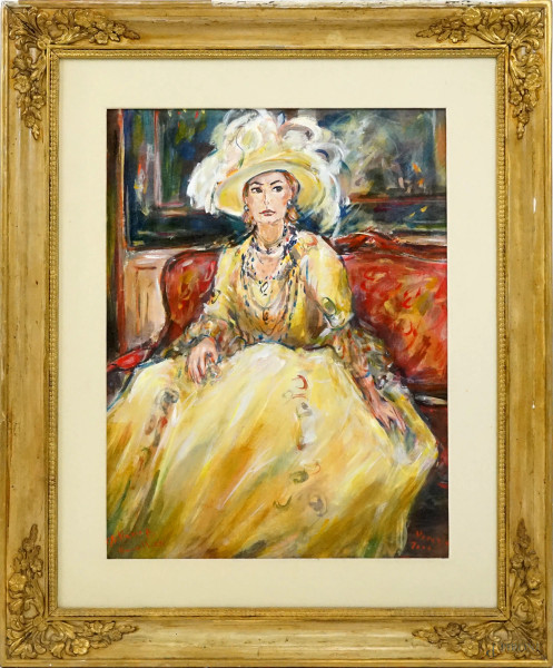 Stellario Baccellieri - Ritratto di donna seduta, olio su cartone telato, cm  60x45 circa, entro cornice.