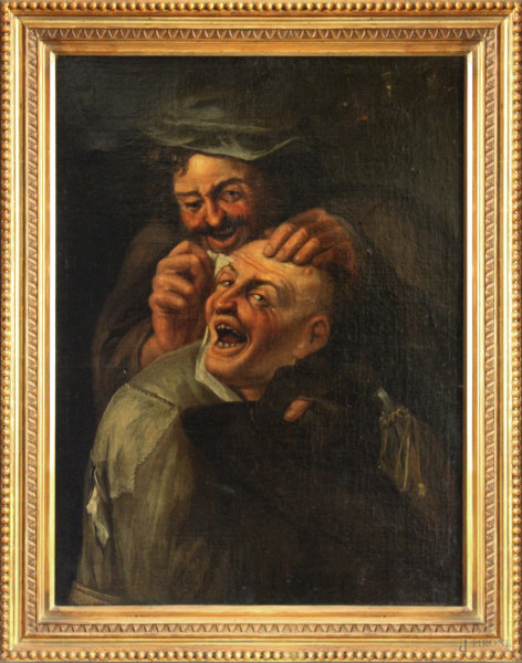 Pittore fiammingo del XVIII sec., Personaggi, olio su tela, cm 95 x 70, entro cornice.