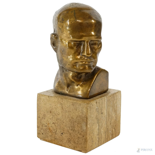 Busto di Mussolini, scultura in bronzo, cm h 14, base in travertino, (livetti