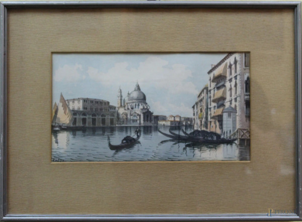 Scorcio di Venezia con gondole, acquarello 30x16 cm, entro cornice firmato.