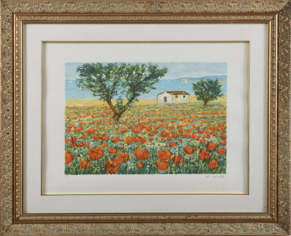 Michele Cascella (1892-1989), Campo di papaveri, litografia su carta P.A., cm 54x89 compreso passepartout, firmato in basso a destra, entro cornice, (lievi segni di usura)