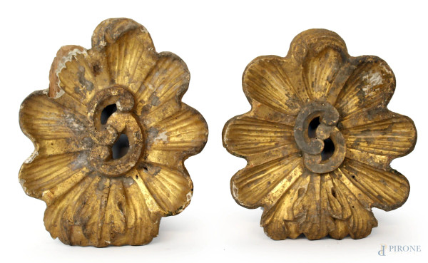 Coppia di fregi in legno intagliato e dorato, XVIII secolo, cm h 33, (difetti).