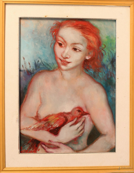 Roberta Correnti - Ragazza con colomba, dipinto ad olio su tela riportato su cartone, cm 48 x 33, entro cornice.