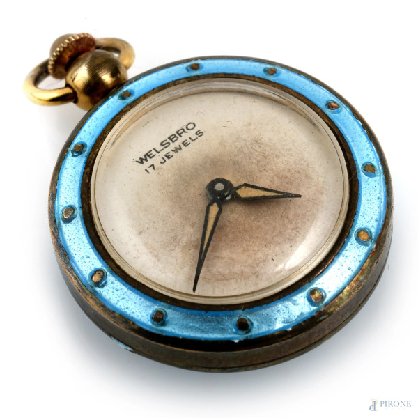 Orologio da tasca Welsbro in oro 14 kt e smalti, cm 3,7x2,8, (difetti, da revisionare)