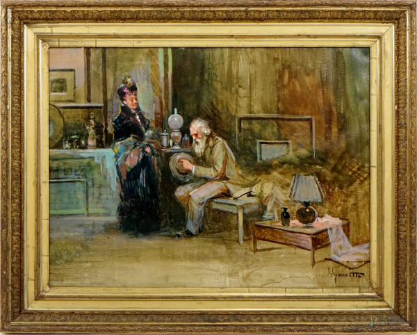 Interno con gentildonna ed anziano, olio su tela, cm 60x80, firmato G.Giovanetti, entro cornice.