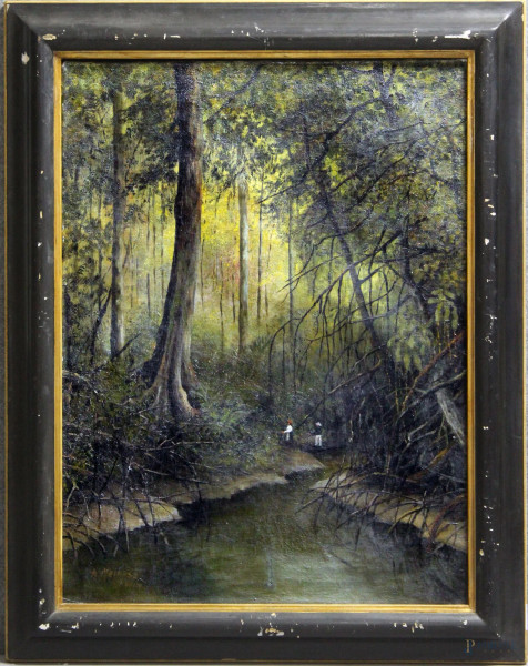 Bosco con sentiero, fiume e fanciulli, olio su tela, 80x60 cm, entro cornice firmato