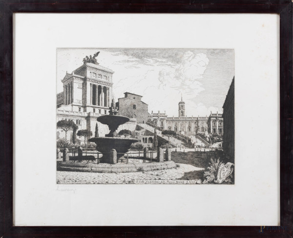 Il Colle Capitolino dalla Piazza Aracoeli, XX secolo, incisione su carta, cm 60x74, firmata in basso a sinistra, entro cornice , (segni di usura, foxing, tracce di umidità)
