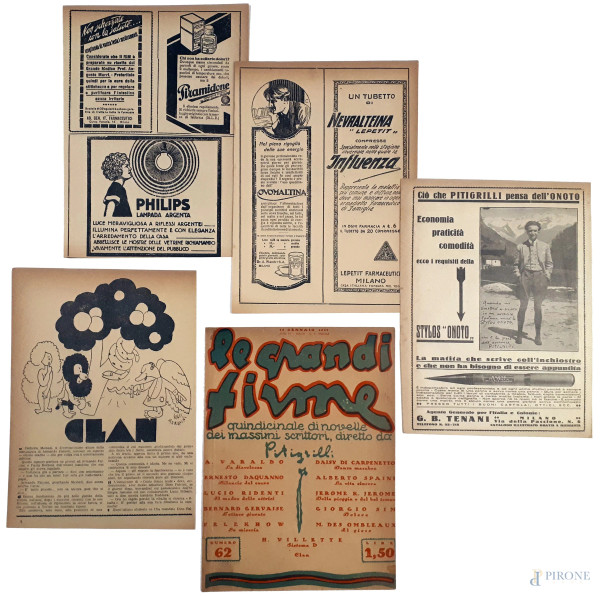 Lotto composto da sette locandine dei primi del Novecento con stampa fronte e retro di pubblicità d’epoca, ciascuna circa cm 24x18