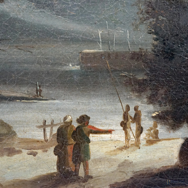 Paesaggio fluviale con pescatori e viandanti al chiaro di luna, olio su tela, XIX secolo, cm 35x4...
