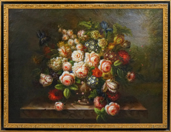 Natura morta - Vaso con fiori, olio su tela, cm 90x120, XX secolo, entro cornice, (difetti)