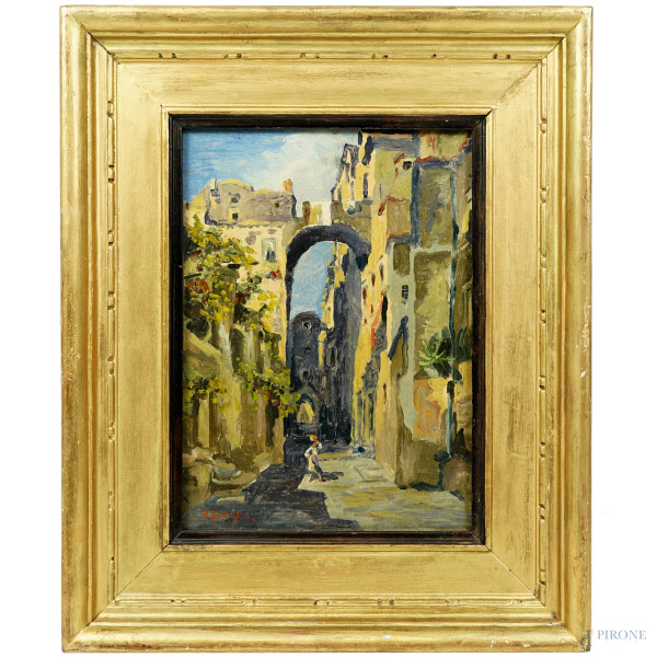 Scorcio di vicolo con figura, olio su tela applicata su cartone, cm 33,5x24, firmato in basso a sinistra, entro cornice