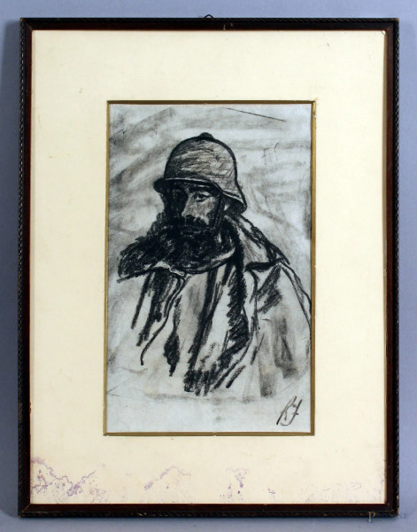 Soldato, carboncino su carta, cm. 23x14, siglato, entro cornice.