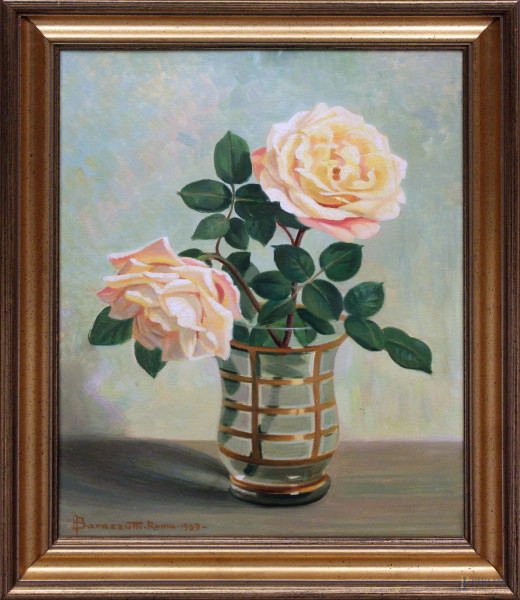 Arturo Barazzutti - Natura morta con vaso e fiori, olio su tela, cm 50x40, datato 1969, entro cornice.