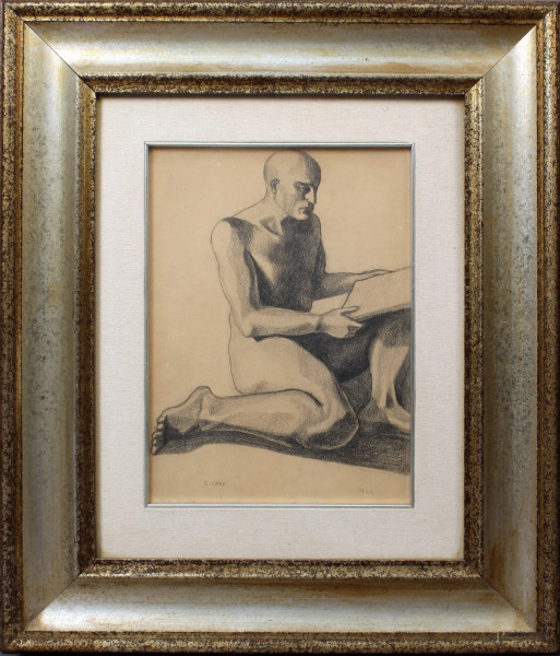 Carlo Levi - Nudo d&#39;uomo, matita su carta 33,5x24,5 cm , datato 1922, entro cornice.