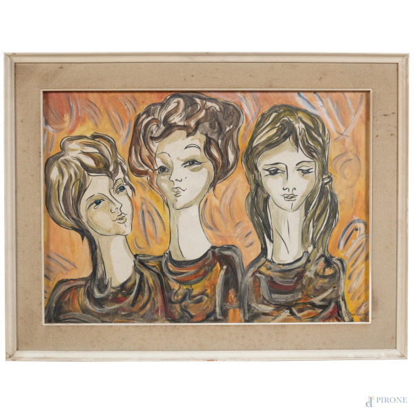 Tre figure femminili, XX secolo, olio su tela, cm 50x70, firmato in basso a destra, entro cornice