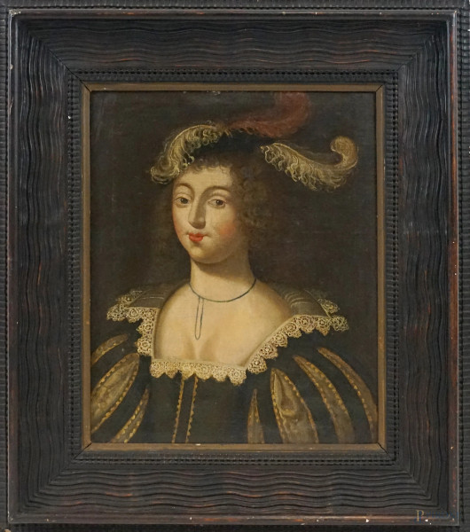 Pittore della fine del XVII secolo, Ritratto di nobildonna, olio su tela, cm 57x46, entro cornice, (difetti)