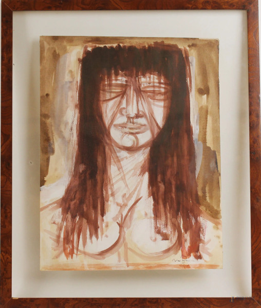Giuseppe Migneco - Ritratto di donna, gouache su carta, cm 39x30,5, entro cornice