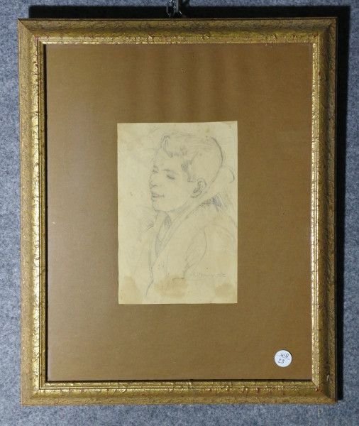 Busto di donna, disegno a matita su carta 14X22 cm, entro cornice.