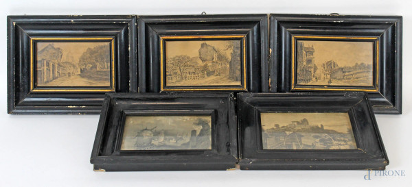 Lotto di cinque stampe raffiguranti paesaggi francesi, misure max cm 9,5x14, XIX secolo, entro cornici.