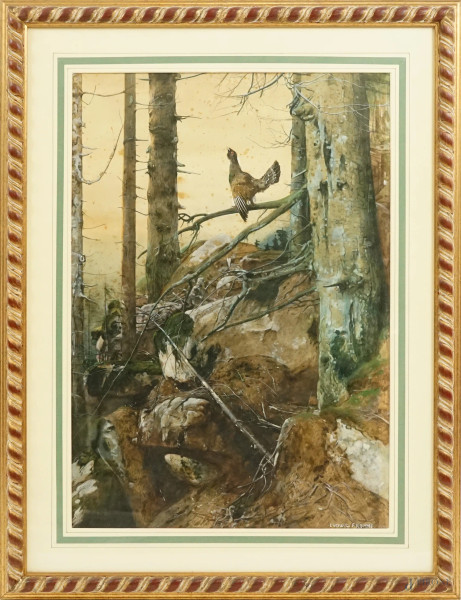 Ludwig  Fromme - Bosco con fagiano, acquarello su carta, cm 66,5x45,5, entro cornice