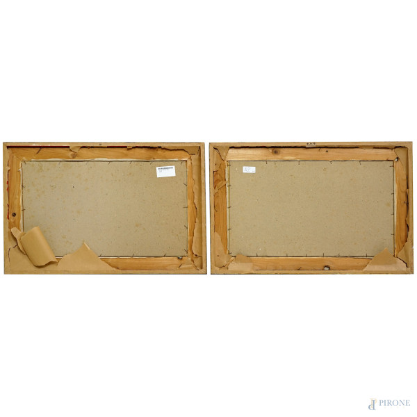 Coppia di nature morte, olio su tela applicata su cartone, firmati e datati "919" in basso a dest...