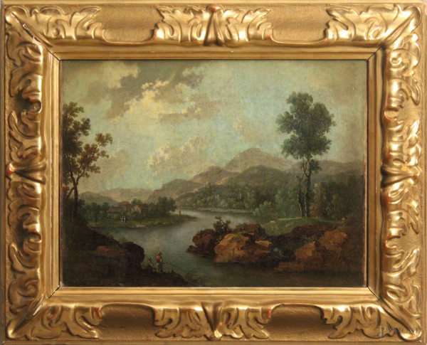 Maniera di Paolo Anesi (1697 - 1761), Paesaggio fluviale con pescatori, olio su tela, 38x50 cm, entro cornice
