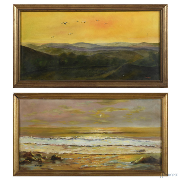 Maceo Casadei (1899 – 1992), Coppia di paesaggi, acrilico su tela, cm 30x60, firmati,  entro cornice